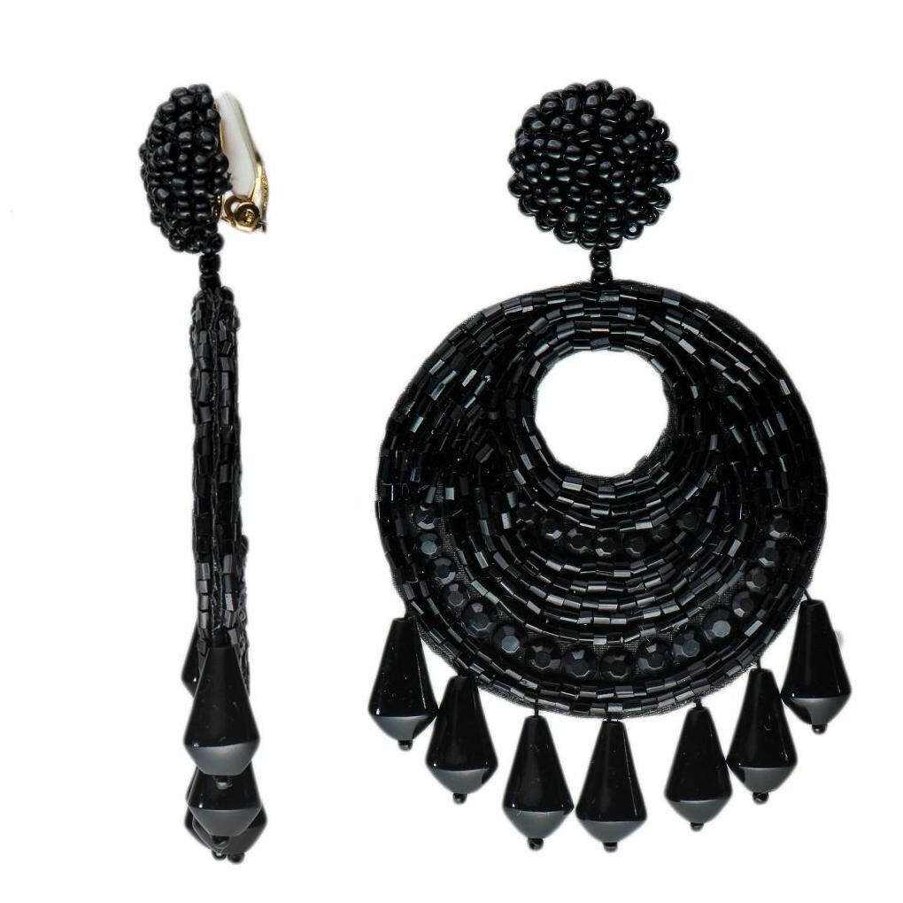 

Kenneth Jay Lane Black Beads Disc Drop Clip Chandelier Earrings