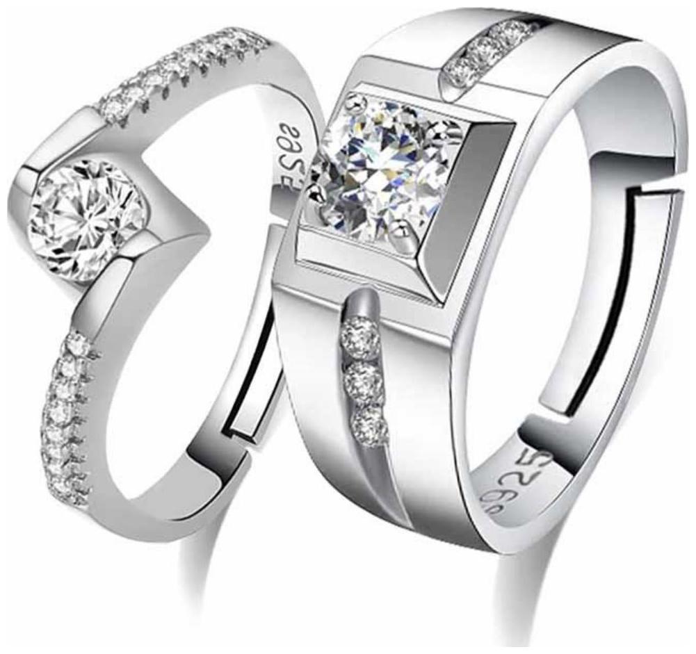 

King Queen Sterling Silver Swarovski Zirconia Adjustable Couple Rings