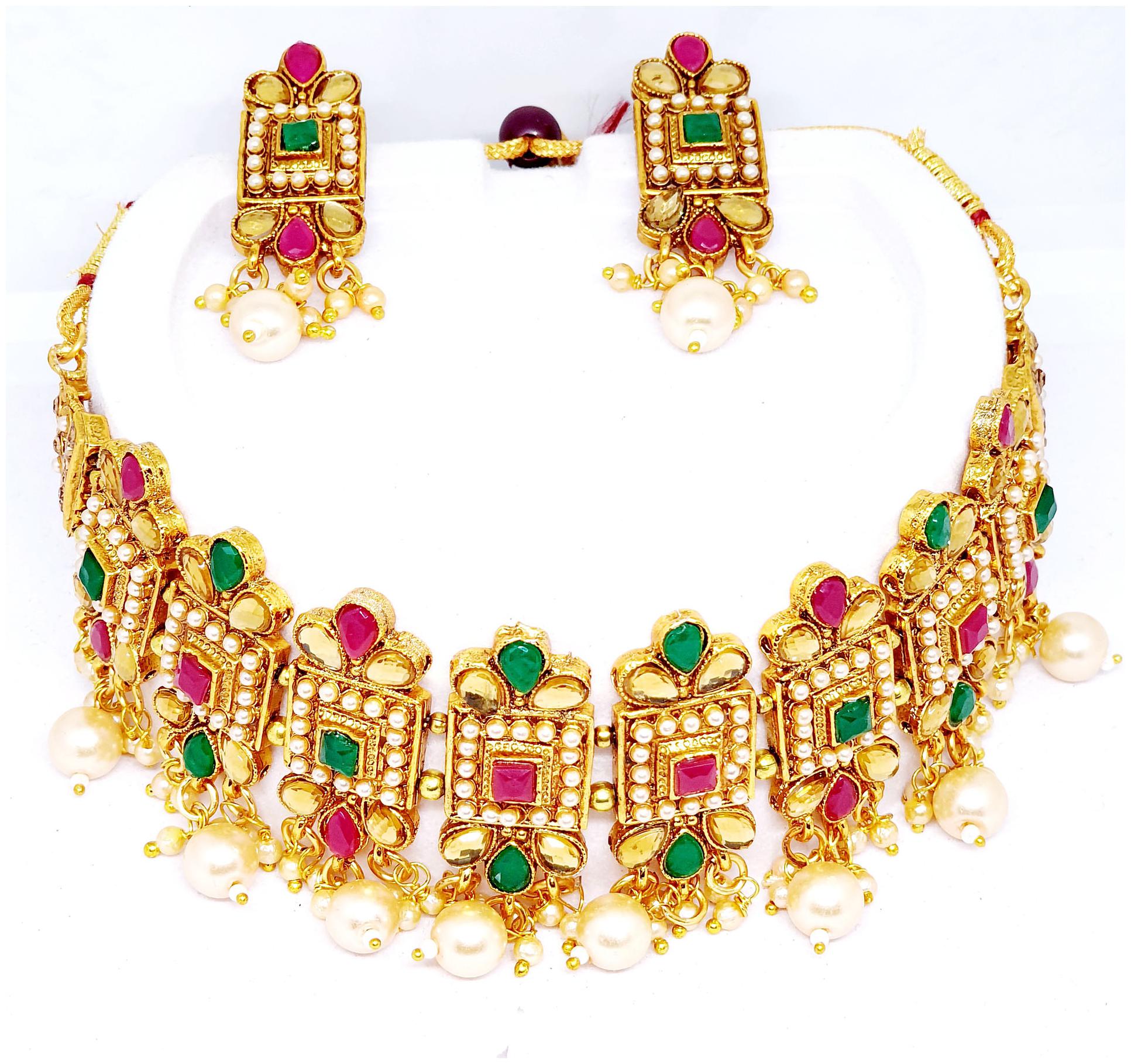 

Kisara Jewels Alloy Kundan Pearls Partywear Multicolour Choker Necklace Set