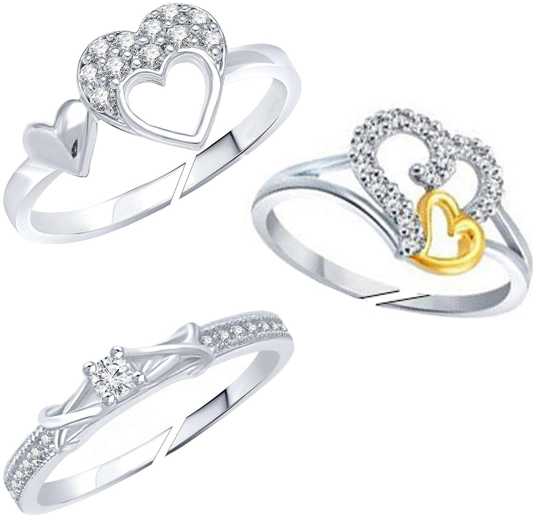 

Lady touch 3Combo Adustable Finger Rings In American Diamond Thin And 2heart Rings Silver Platinum Plated Ring For Girls Womens(Free size)