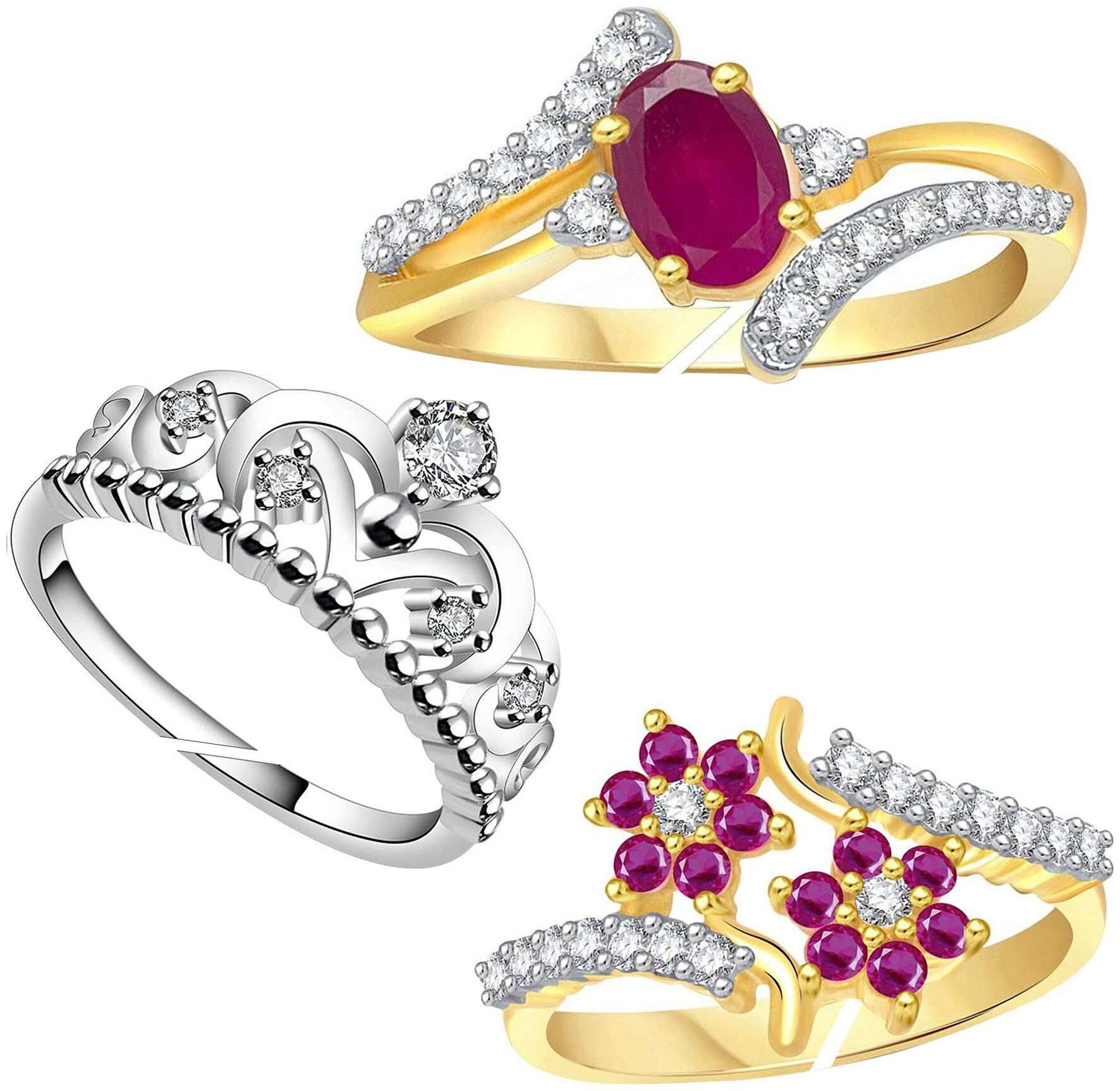 

Lady touch Combo Of Ruby Pink Stone Crown Silver Gold Platinum Plated Adjustable Finger Ring s For Girls Women Ladies Free Size (Pack Of 3)