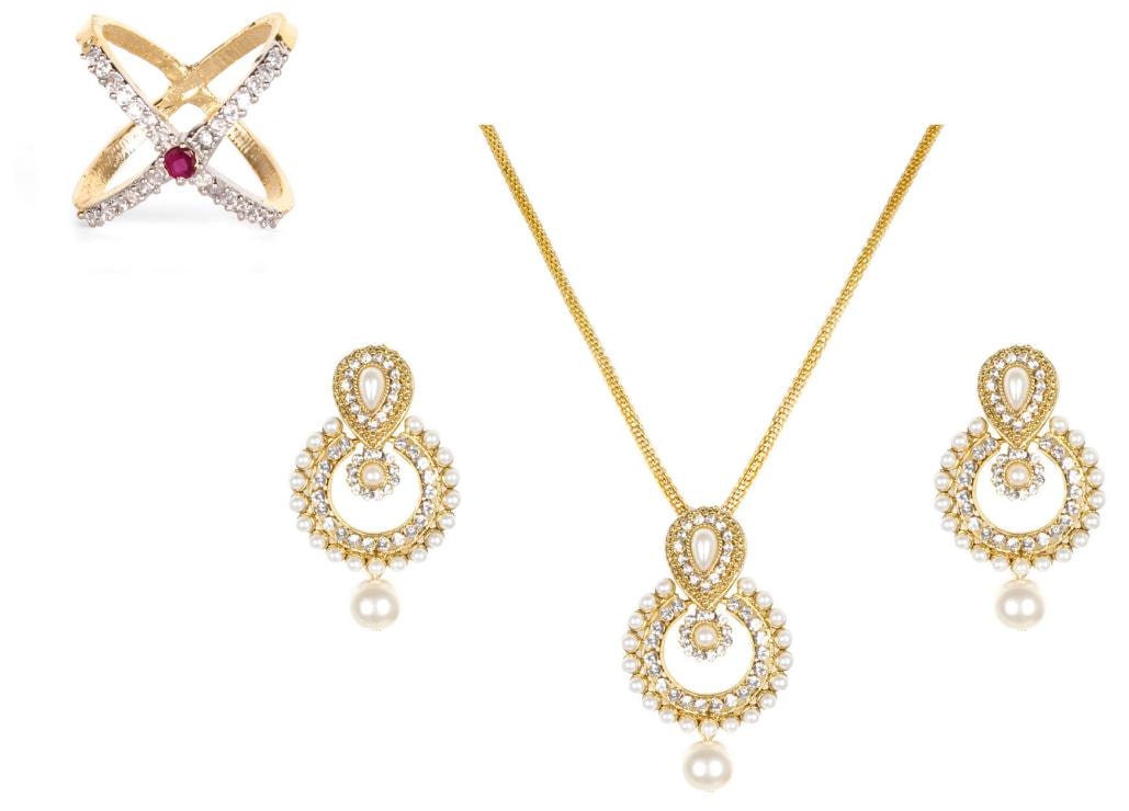 

Lady touch Combo Of American Diamond gold Plated Ramleela Pearl Pendant Set and ring for Girls Women
