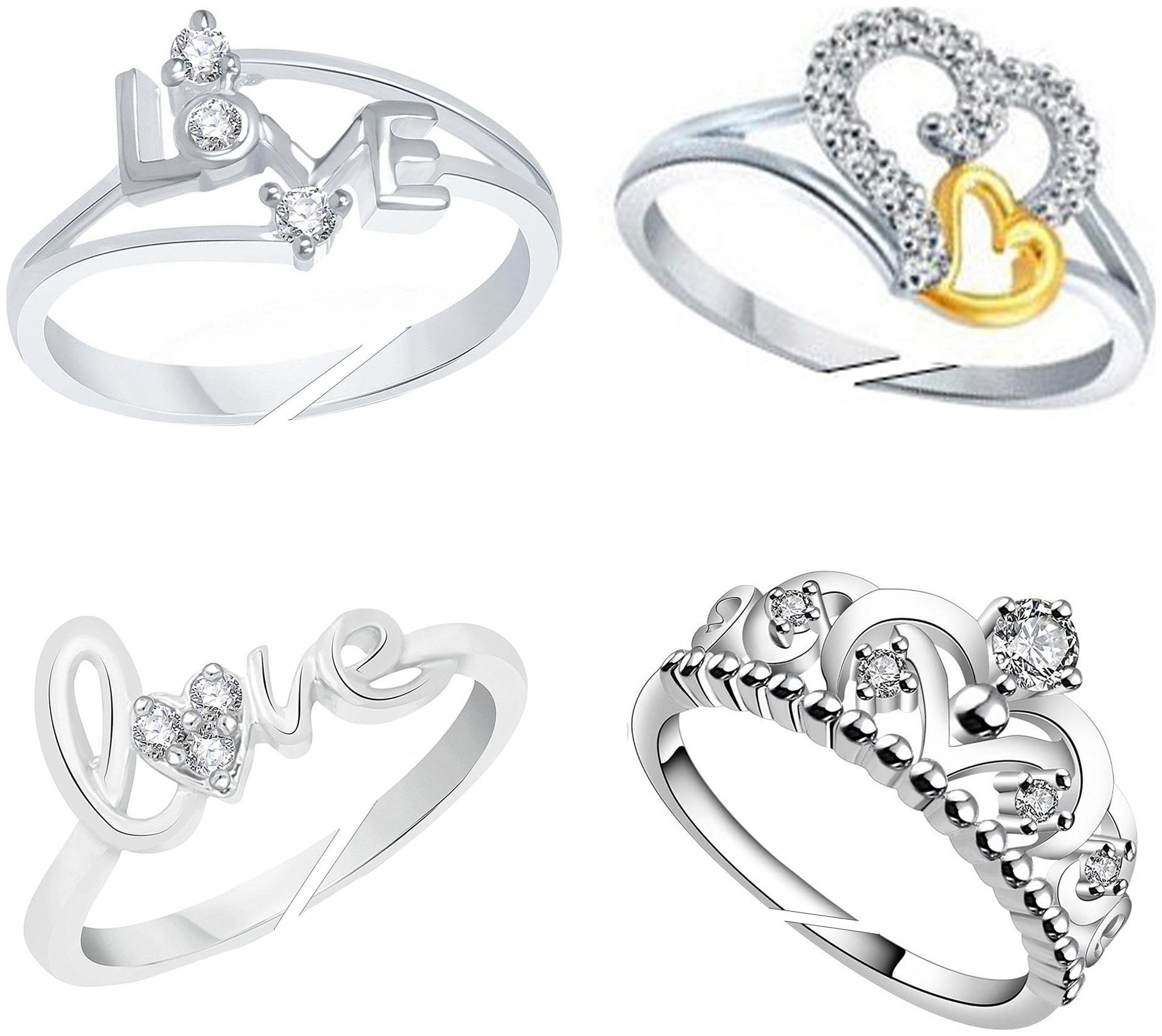 

Lady touch Combo Set of Cz Diamond Crown love Heart Silver Plated Platinum Adjustable Finger Ring s For Girls Women Ladies Free Size (Pack Of 4)