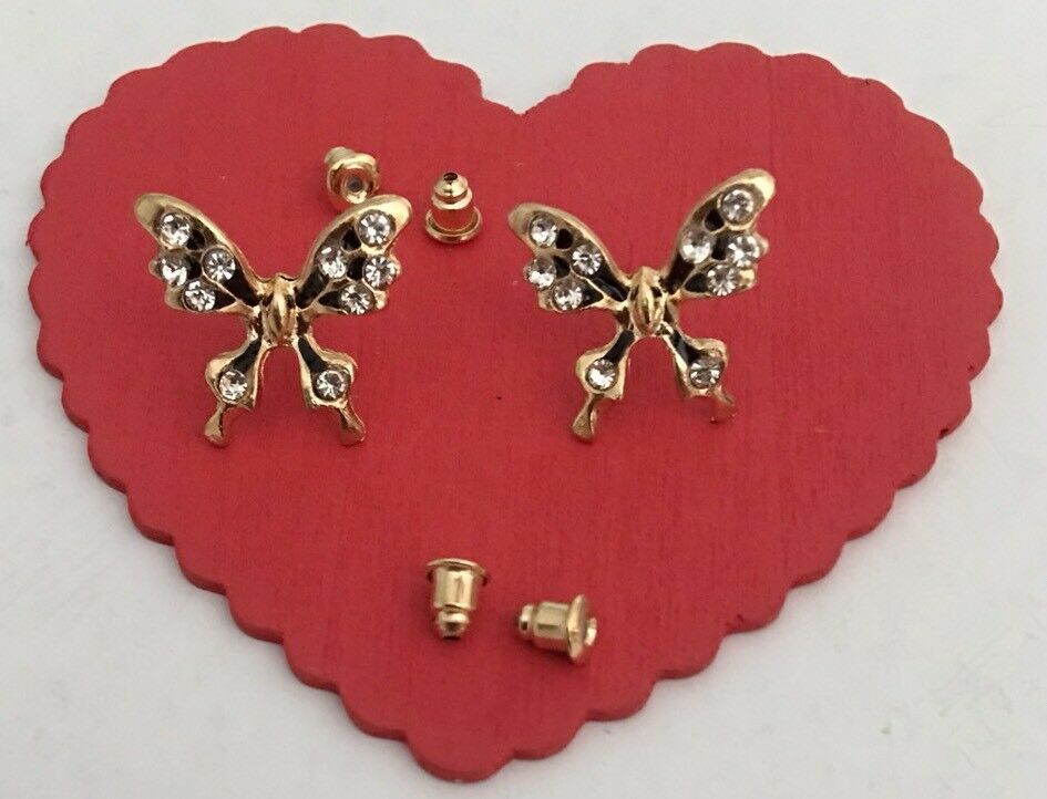 

Large Goldtone Clear and Black Rhinestones Butterfly Stud Earring