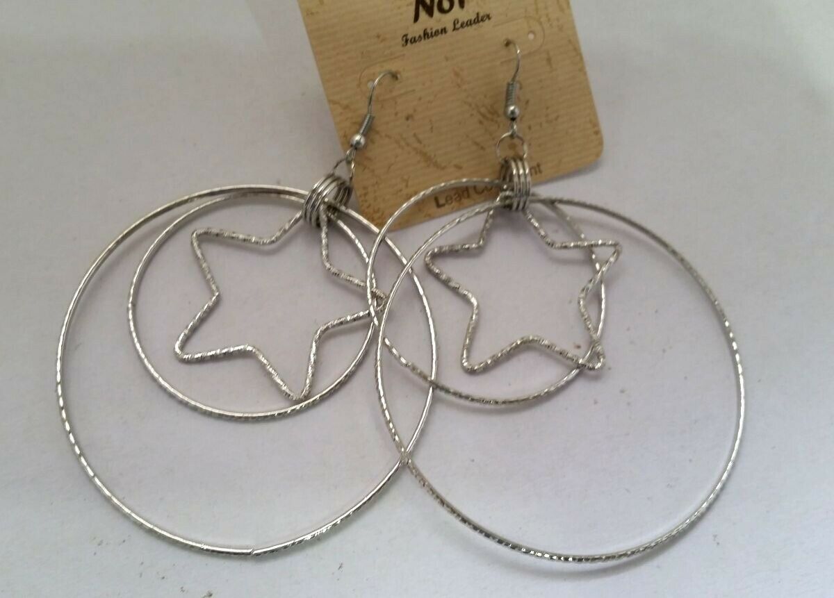 

Large Shiny Silver-tone metal Rings Stars Drop Earrings Geometric Style Z3A-7 22