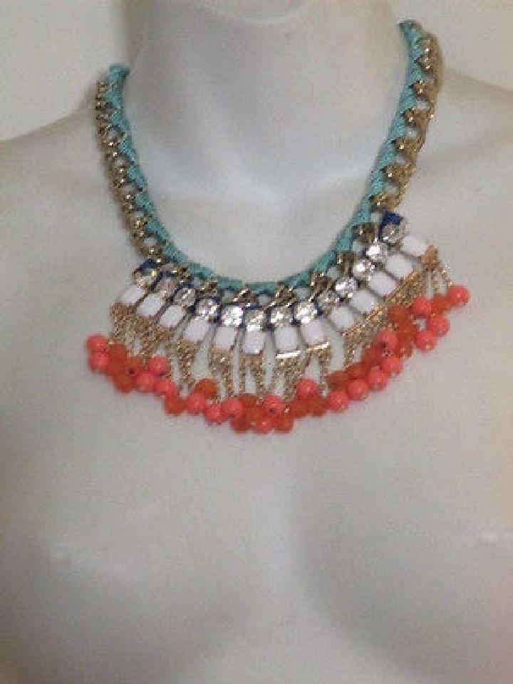 

Lee Angel Nordstom Blue Pink Clear Crystal Fan Rope Bib Statement Necklace 89