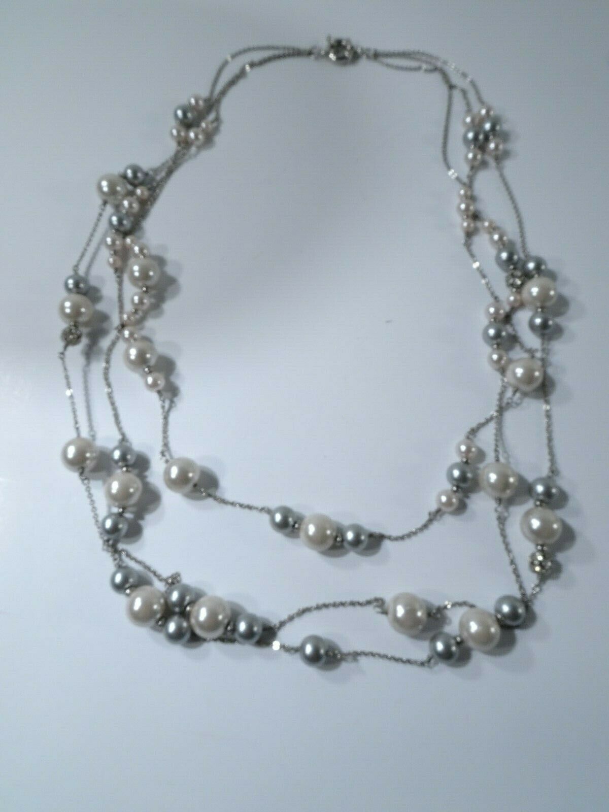 

Lee Angel Silver Link ball Crystal Pearl three Tiered FireballNecklace NIP 199
