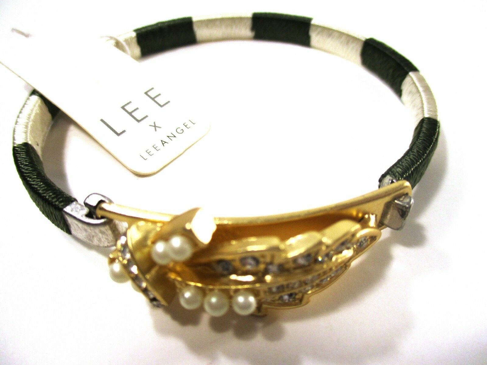 

Lee by Lee Angel Metallic Pearlized Crystal Leaf Striped Cuff Bracelet NWT 98