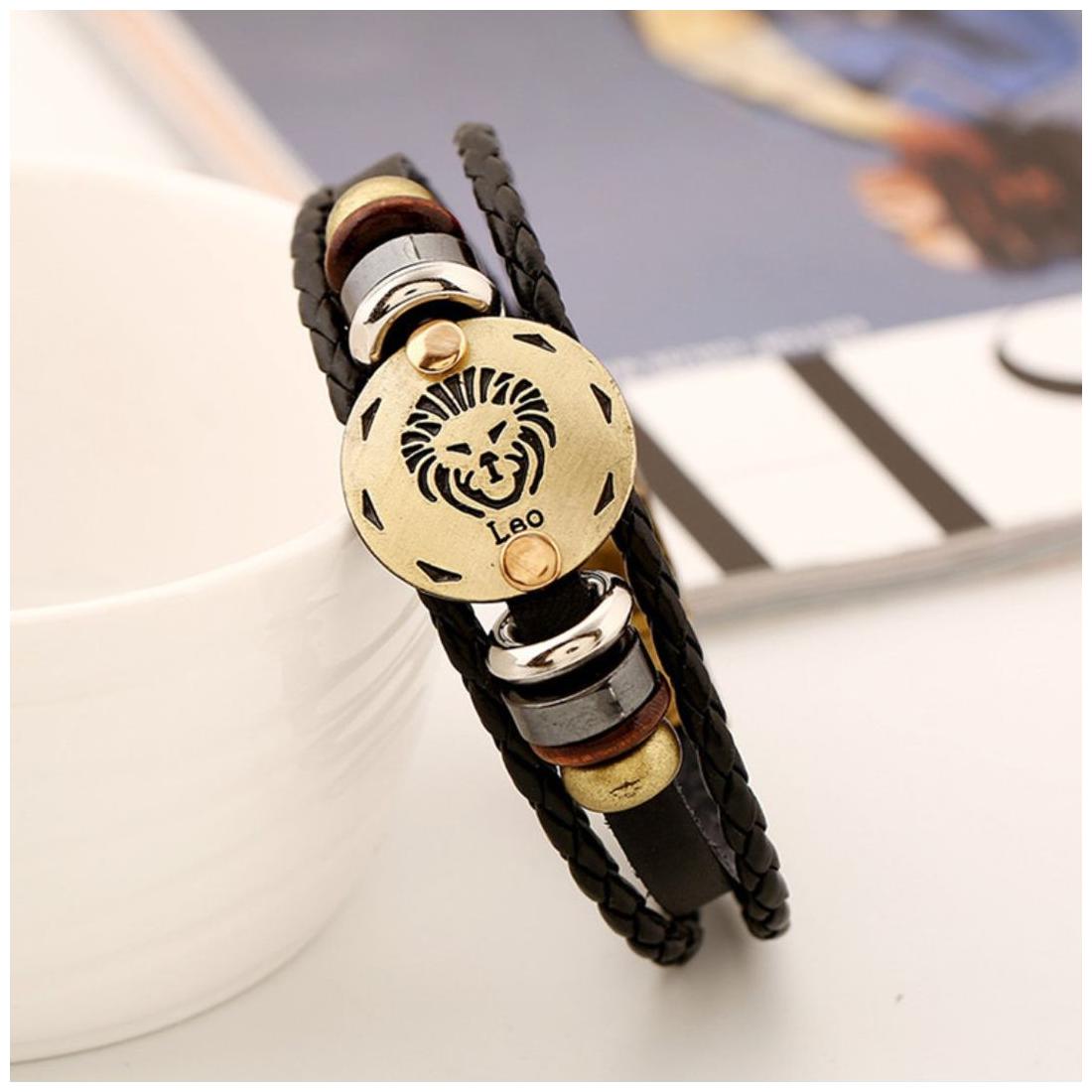 

Leo Zodiac Black Leather Unisex Bracelet (J01)