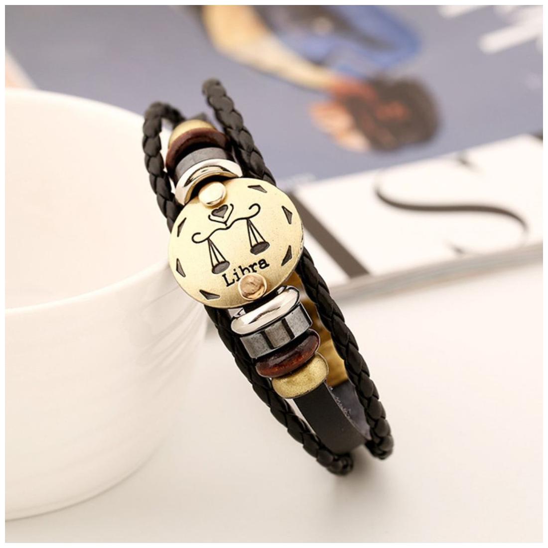 

Libra Zodiac Black Leather Unisex Bracelet (J010)