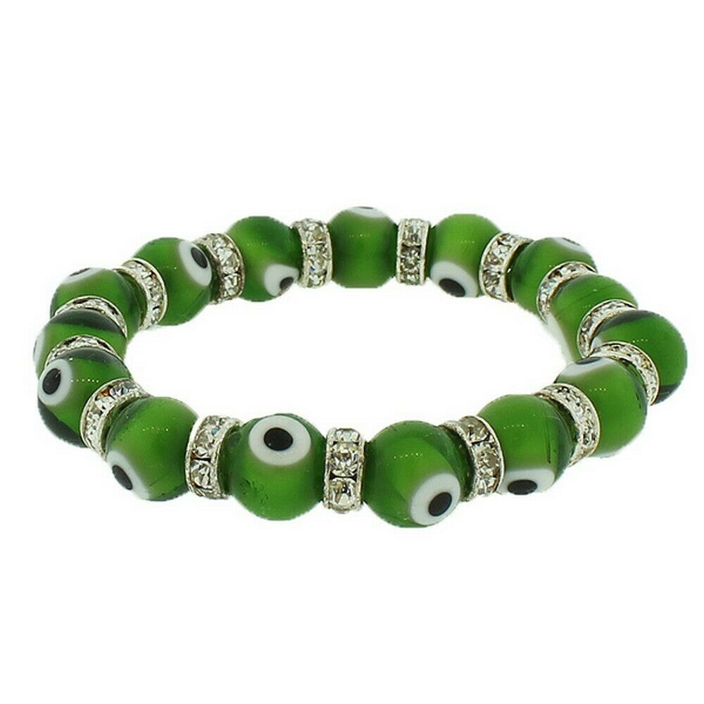 

Light Green Beaded Stretch Cord Bangle Evil Eye White CZ Unisex Bracelet