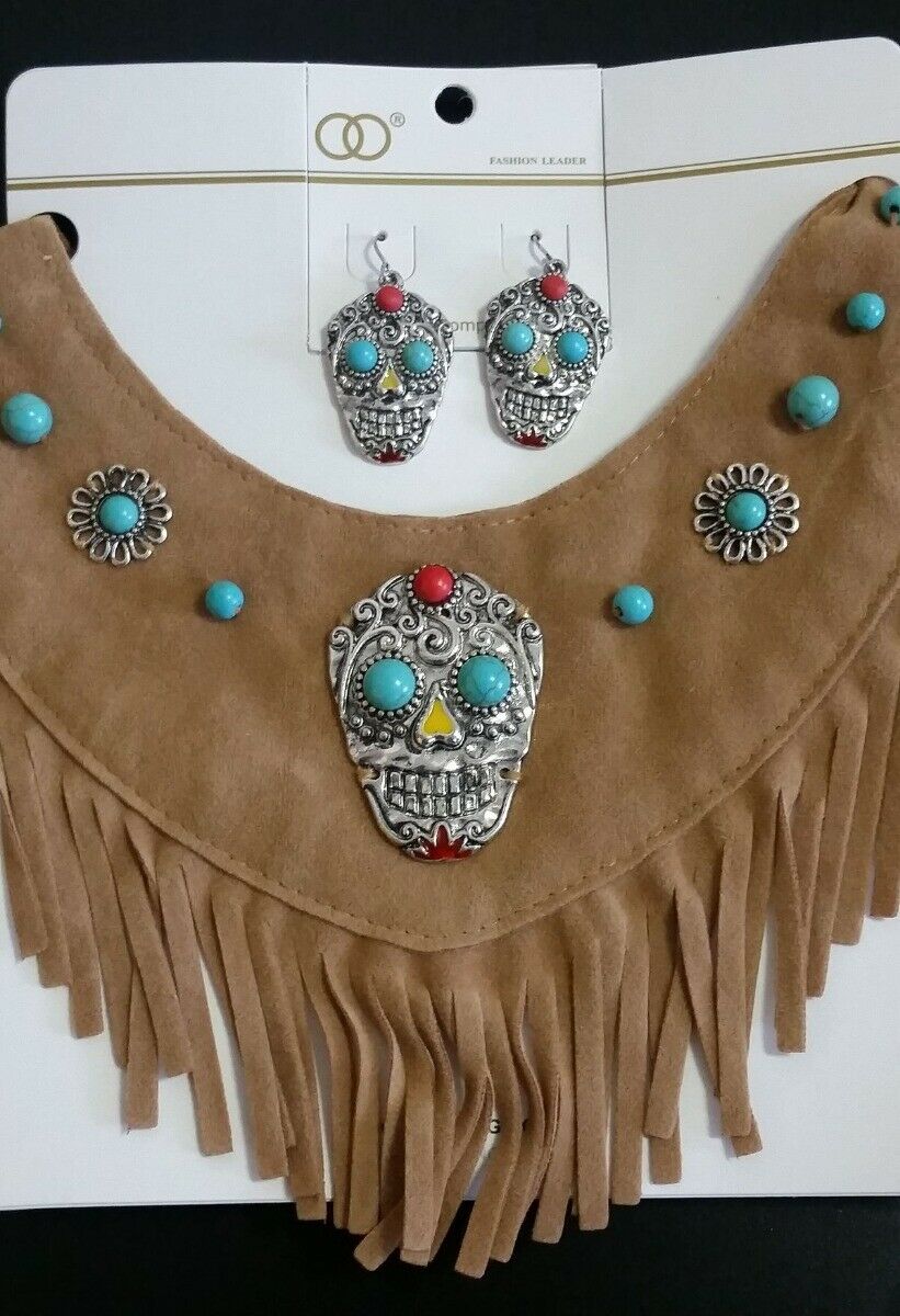 

Lot of 60 Fringe Beige Faux Suede Silver Sugar Scull turquoise Bib earrings