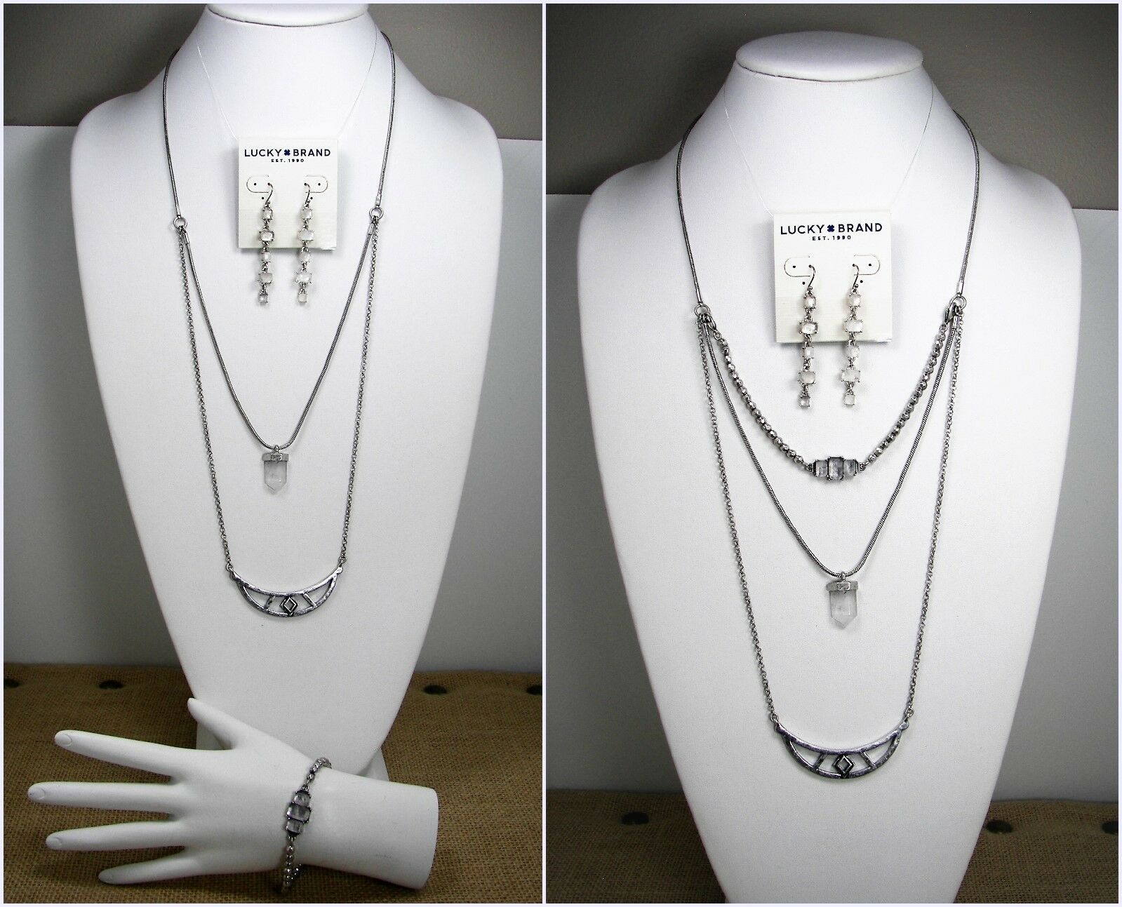

Lucky Brand Layered Silver Tone Pendant Necklace Bracelet Earrings Set