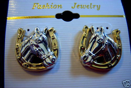 

LUCKY HORSE HORSESHOE DUAL TONE CLAMP-ON EARRINGS STALLION COLT MARE RACEHORSE