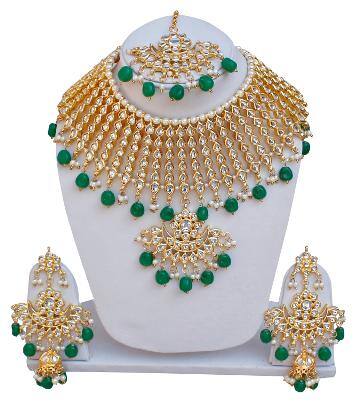 Lucky Jewellery Ethnic Green Color Gold Plated Pearl And Kundan Necklace Set For Girls & Women