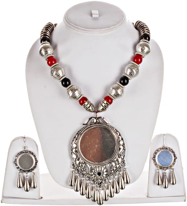 Lucky Jewellery Elegant Look Oxidised boho Garba Mirror Jewelry Fancy Navratri Dandia Jewellery Set With Matching Earring For Women