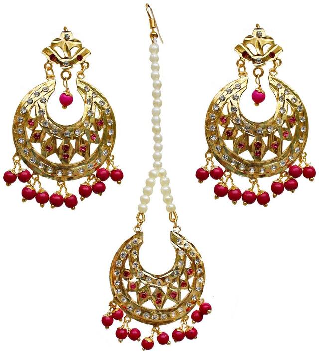 Lucky Jewellery Designer Magenta Color Gold Plated Navratan Earring Tikka Set For Girls & Women