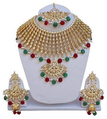 Lucky Jewellery Ethnic Maroon Green Color Gold Plated Pearl And Kundan Necklace Set For Girls & Women