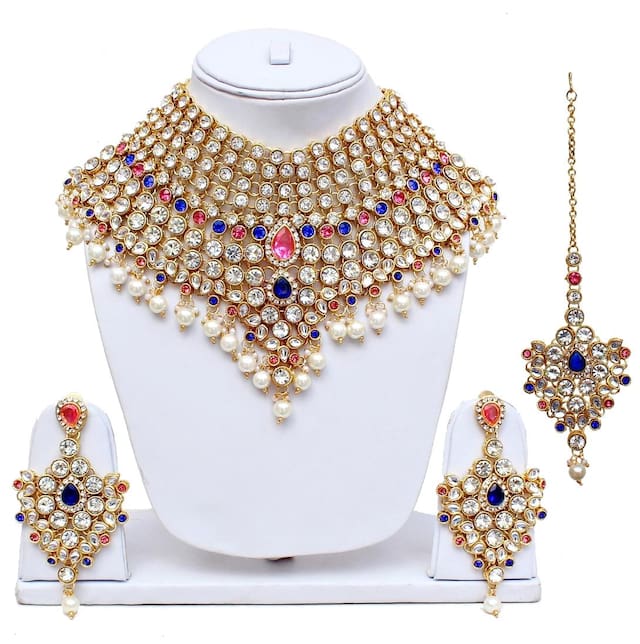 Lucky Jewellery Pink Blue Semi Bridal Dulhan Wedding & Engagement Necklace set With Mang Tikka