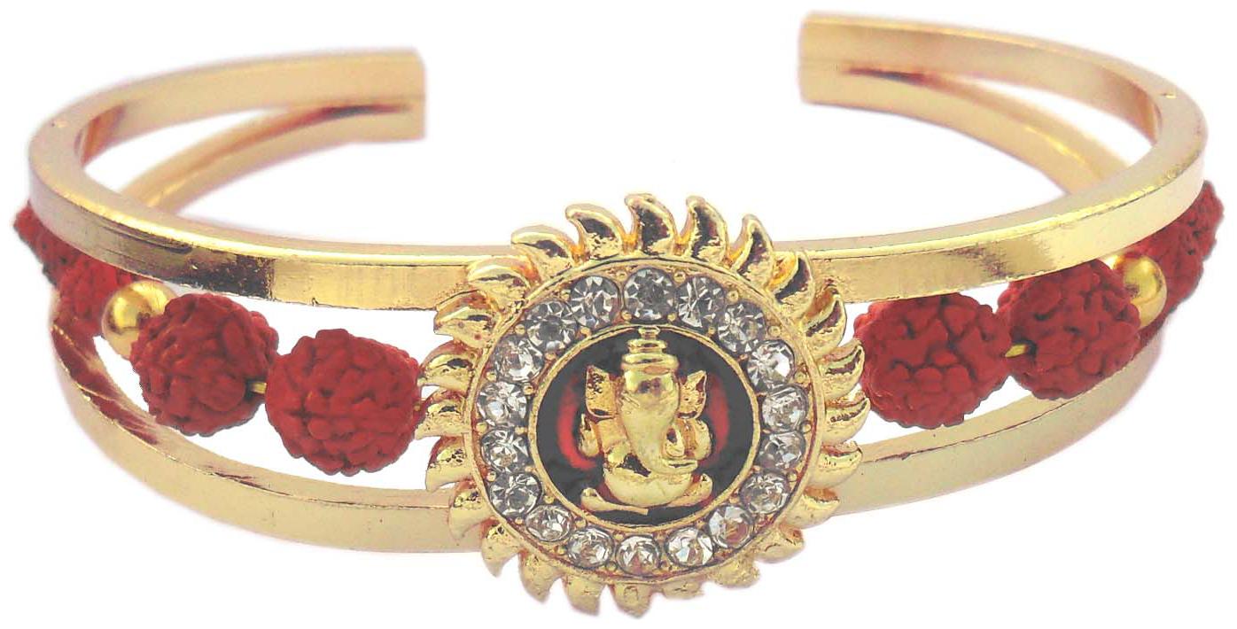 

Maalgodam Gold Plated Surya Ganesha Cuff Bracelet with Faux Rudraksha Kada for Men and Boys