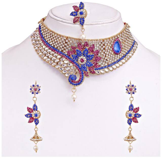 Magenta Blue Desgner Necklace set With mang Tikka