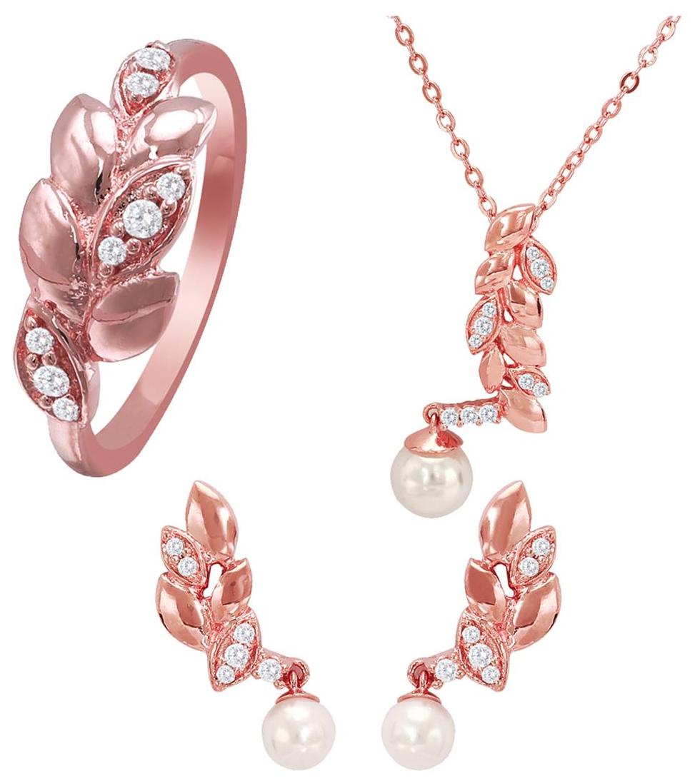 

Mahi Combo of CZ Leaf Shimmer Rosegold Plated Pendant Set and Ring for Women CO1104465Z14