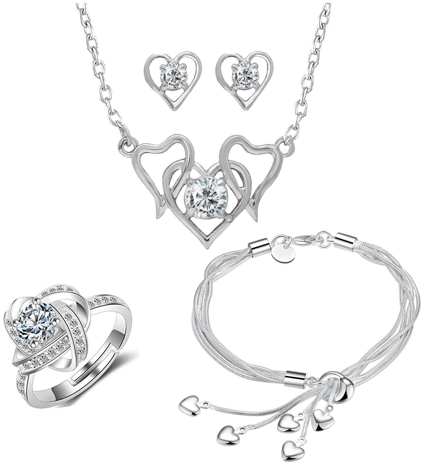 

Mahi Combo of Rhodium Plated Entwined Heart Pendant Set Bracelet and Finger Ring with Crystal and Cubic Zirconia for Women CO1105038R