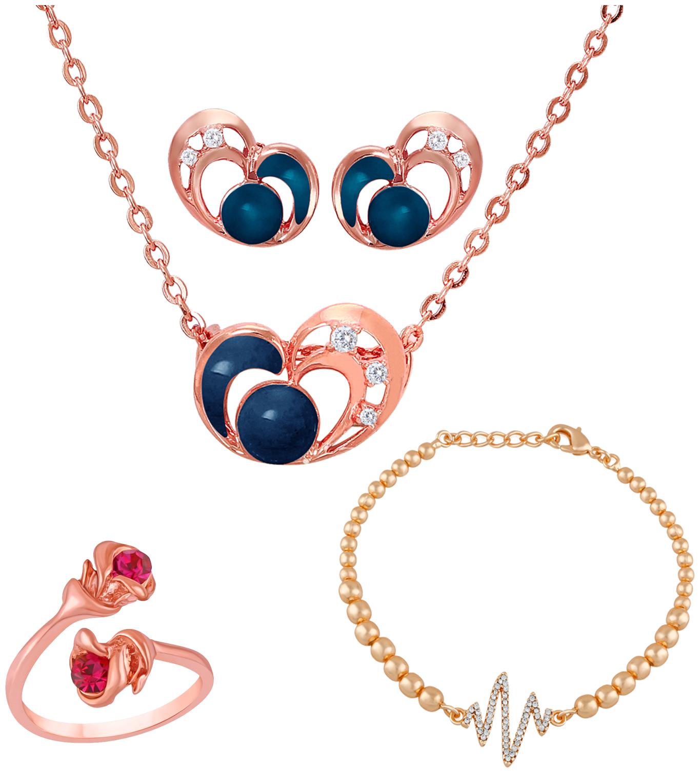 

Mahi Combo of Rose Gold Plated Heart Pendant Set Floral Finger Ring and Heart Beat Bracelet with Crystal and Cubic Zirconia for Women CO1105045Z