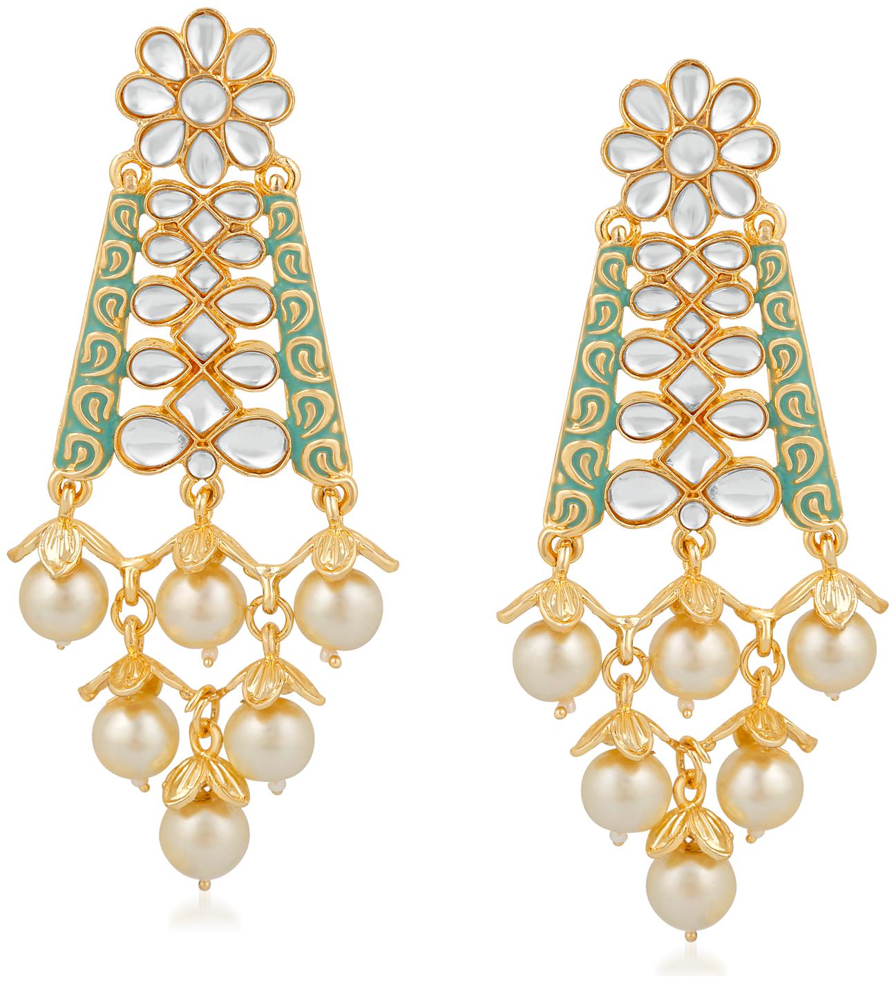 

Mahi Ethnic Gold Plated White Kundan Floral Triangular Green Meenakari Work Dangler Earring For Women VECJ100205
