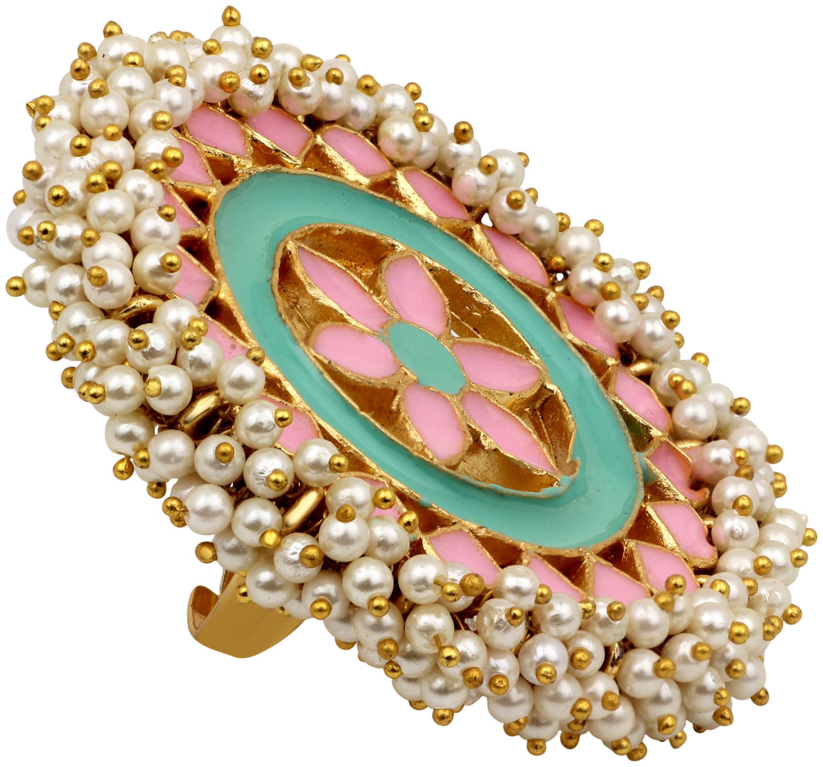 

Mahi Ethnic Gold Plated Pink and Firozi Meenakari Kundan and pearl Finger Ring For Women (VFCJ100177)