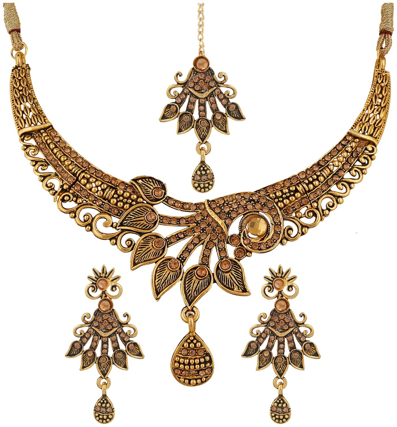 

Mahi Gold Plated Traditional Bridal Designer Crystal Necklace set with Maangtikka for girls and women NL1108019G
