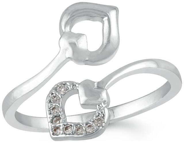 Mahi Rhodium plated Festive Jewelry Dual Heart Adjustable Finger ring with CZ stones for girls and women FR1103013R