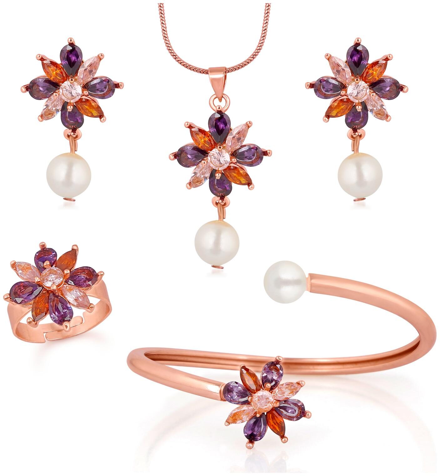 

Mahi RoseGold Plated Floral Designer Jewellery set combo with Multi Coloredcolour CZ stones and artificial pearl for women and women CO1105059ZMul