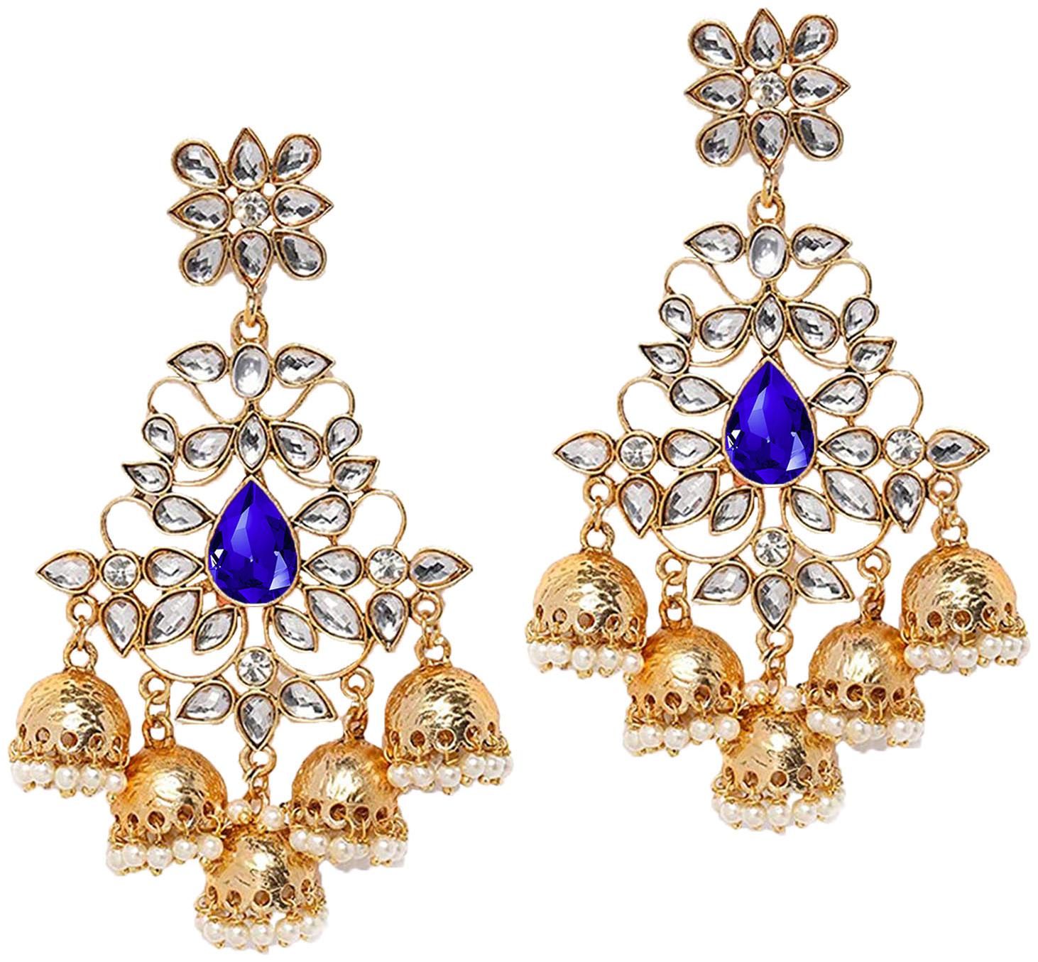 

Mahi Traditional Dangler Big Jhumki Earrings with Blue Kundan for Women