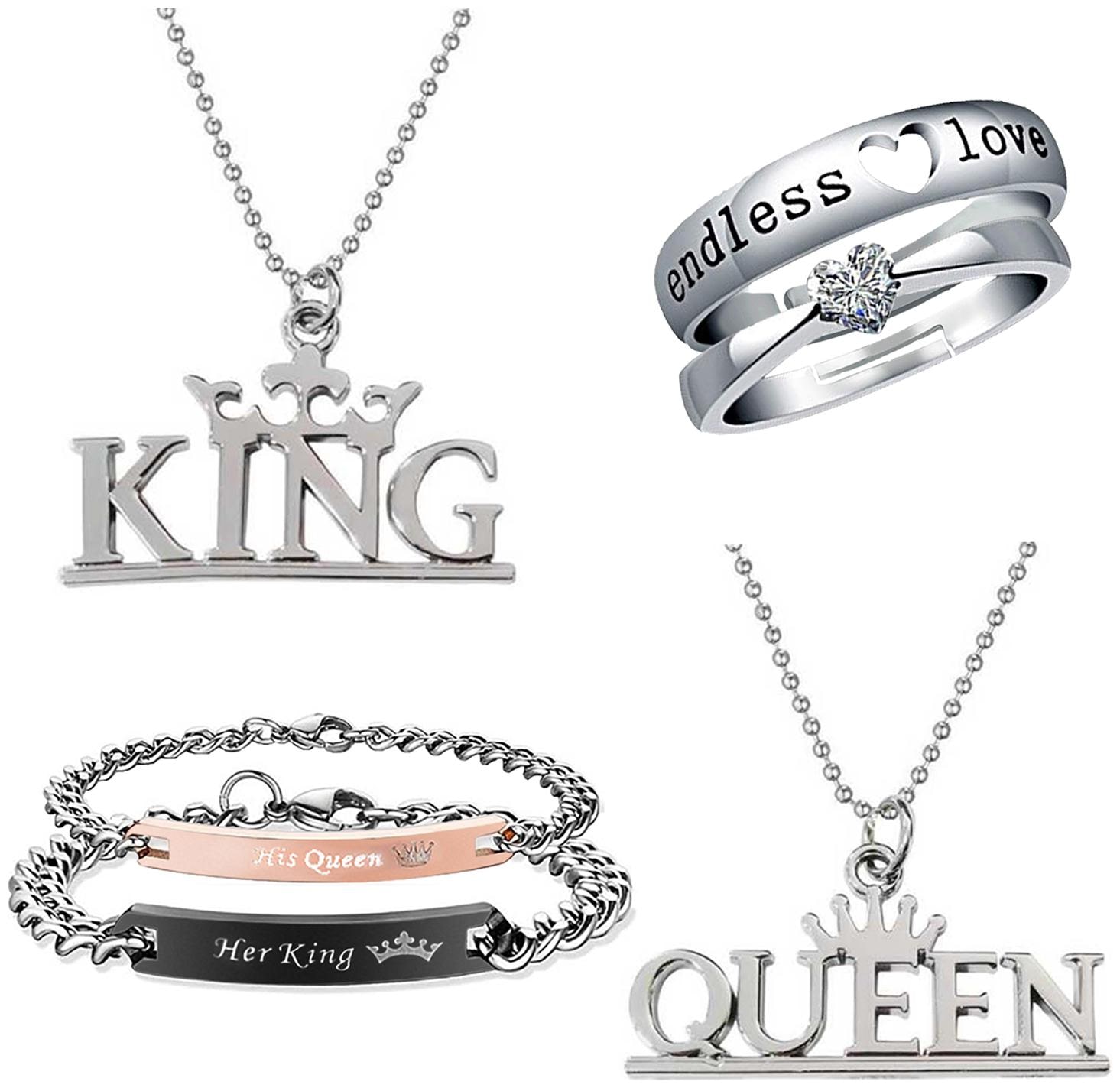

Mahi Valentine Gift Combo of King Queen Pendant Bracelet and Couple Ring for Men and Women (CO1105170M)