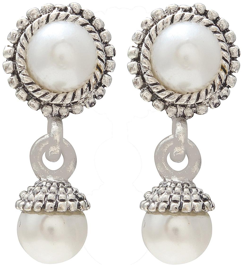 

Memoir Antique Silver Plated Faux Pearl Round Shape Stud Dangler Earrings For Women And Girls