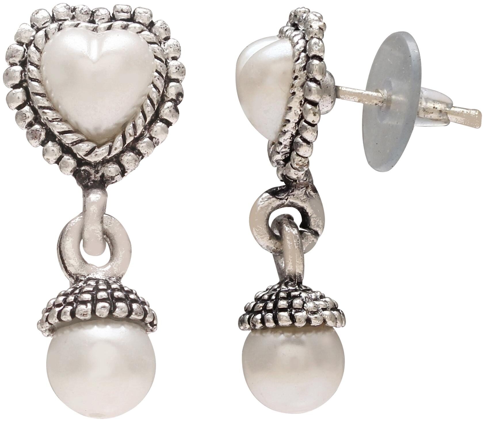 

Memoir Antique Silver Plated Faux Pearl Heart Shape Stud Dangler Earrings For Women And Girls
