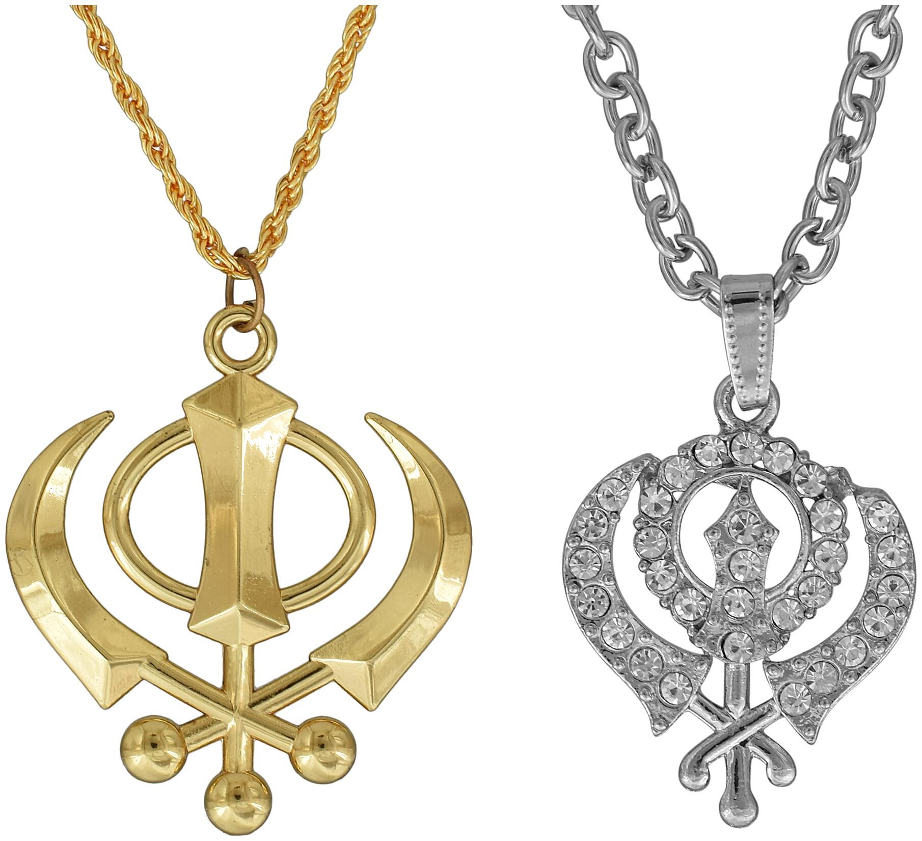 

Memoir Brass and Silver Plated CZ Studded Combo of 2 Khanda Chain Pendant Men Women Sikh Punjabi Jewellery Latest
