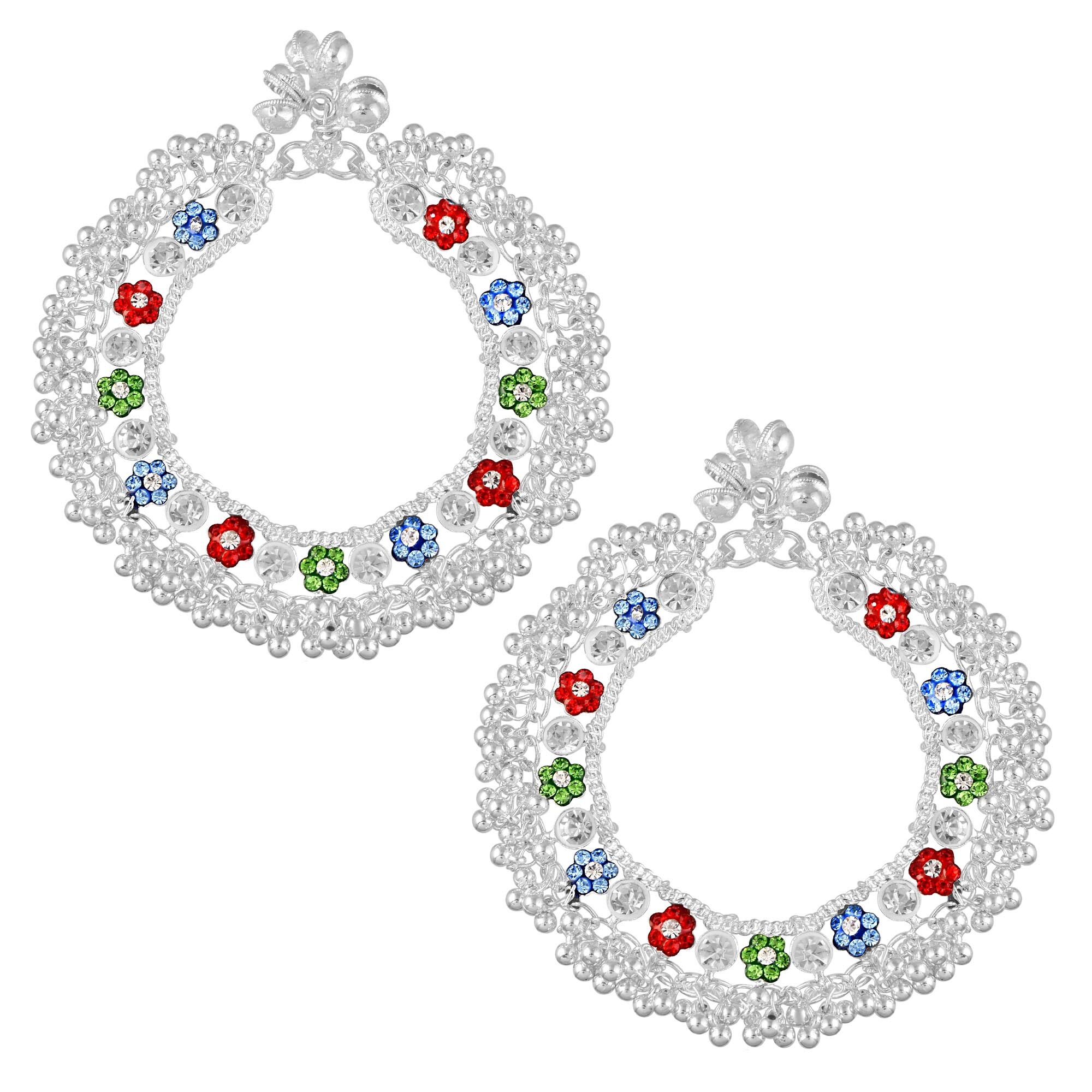 

Memoir Brass Silverplated CZ Meenakari Broad Heavy Payal Pajeb Ethnic Anklet Traditional Jewellery Women (AKRM6547)