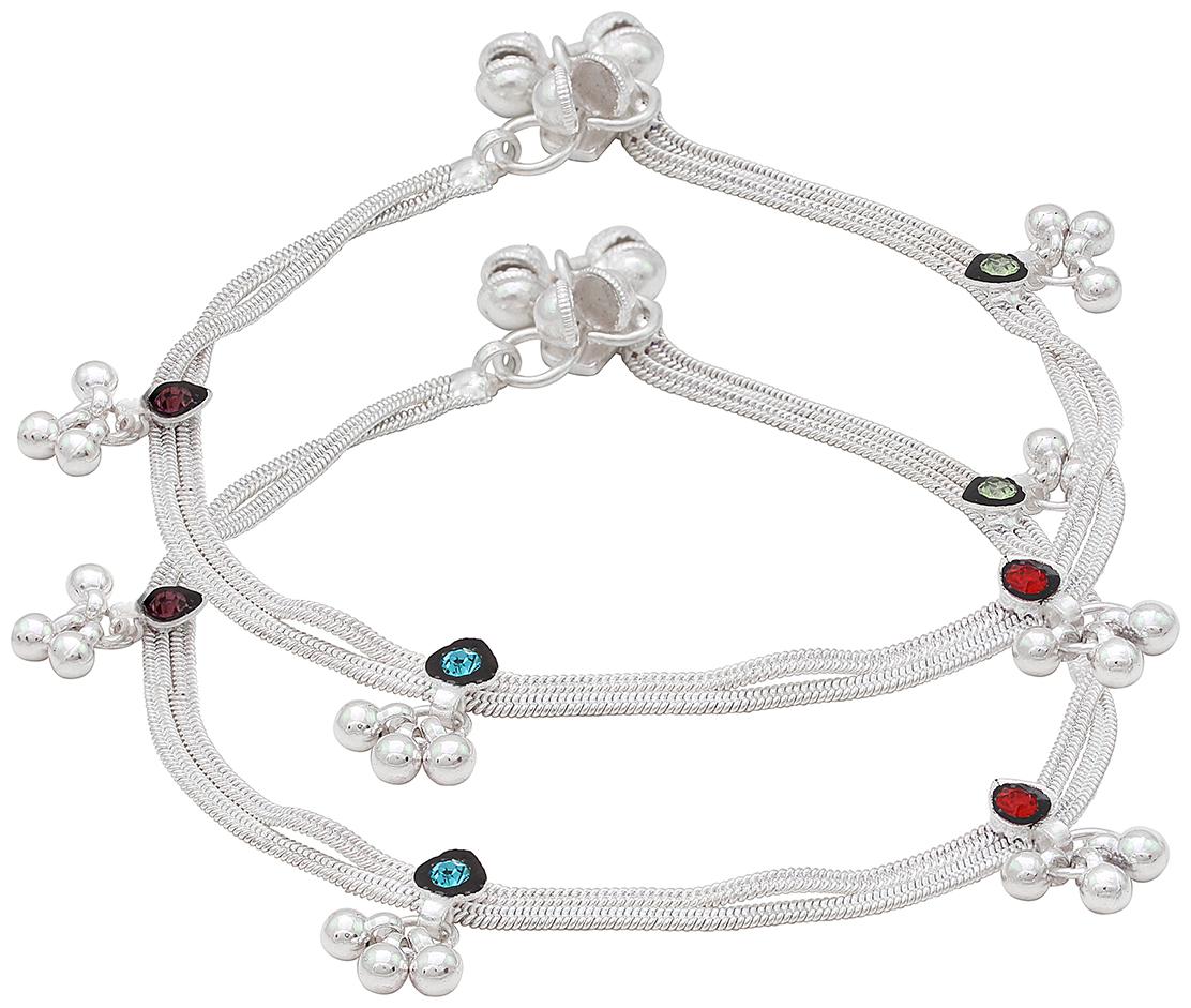 

Memoir Double String Green Red Blue CZ Enriched Meena Work Ghungroo Pajeb Payal Brass Anklet ()