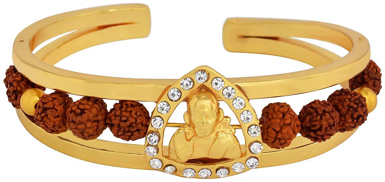 

Memoir Gold Plated Shirdi Sai Baba Rudraksha CZ Trikon Design Cuff Bangle Kada Free Size Hindu God Temple Jewellery Kada Men