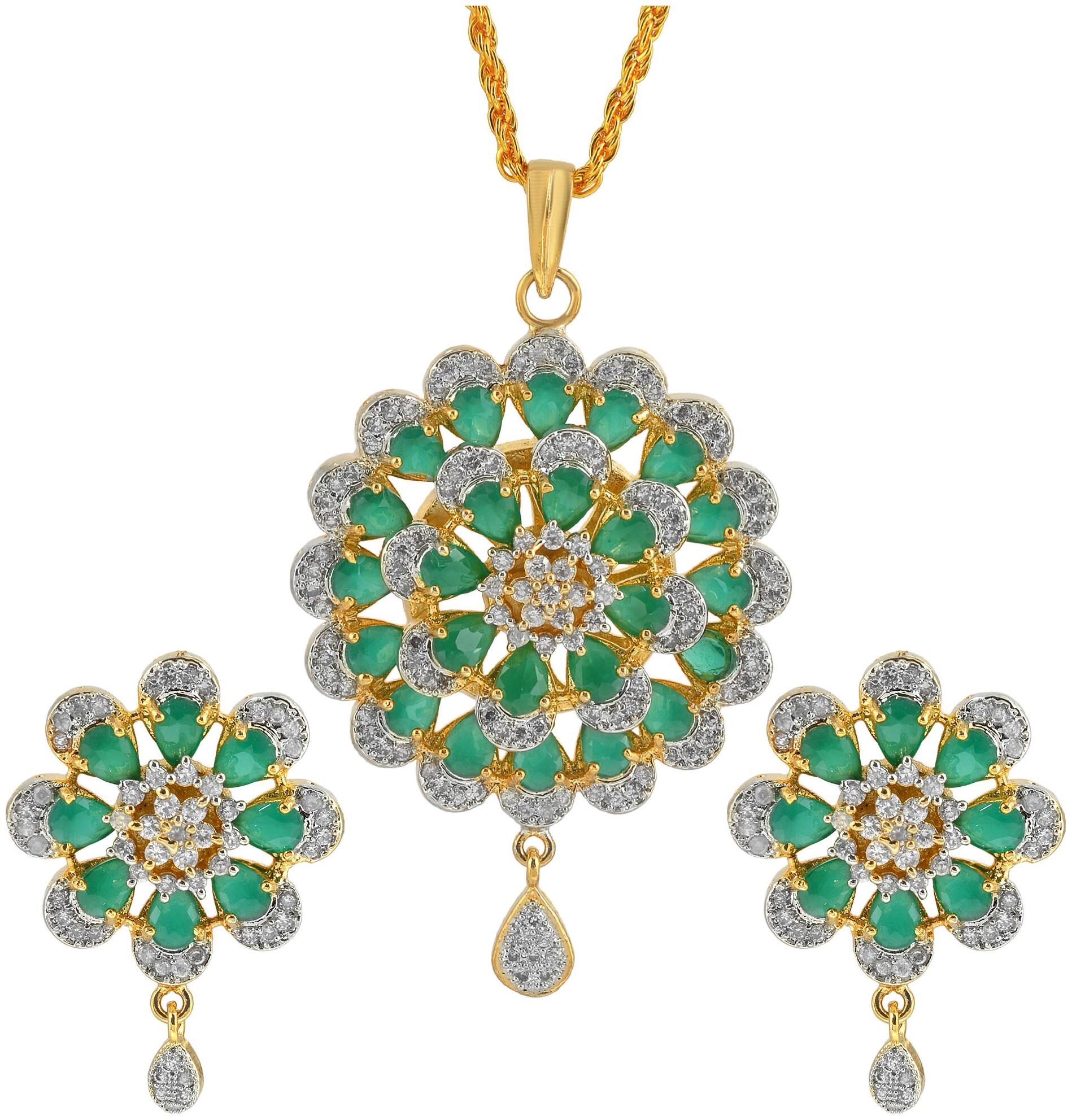 

Memoir Gold Plated Faux Columbian Emerald with Synthetic Diamond Flower Design Super Rich Fashion Pendant Set Women Latest