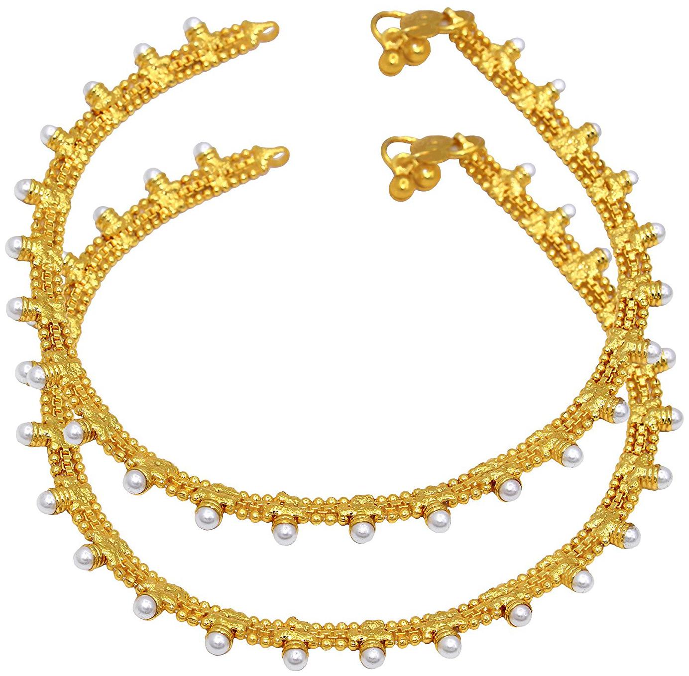 

Memoir Gold plated Handmade pearl studded Bridal wedding payal pajeb Anklet Traditional Women Girls Brass Anklet (Pack of 2)