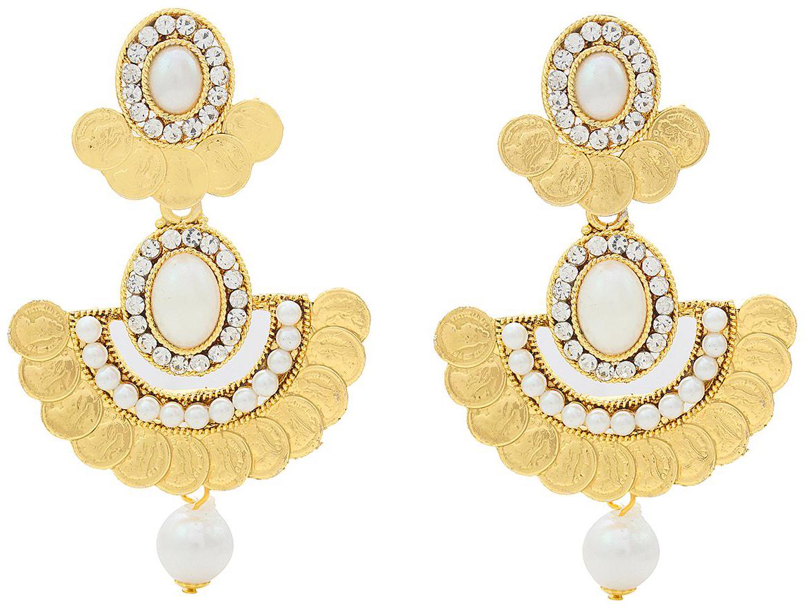 

Memoir Gold plated CZ and Pearl Laxmi Coin dangler Bali designer Lakshmi Earrings