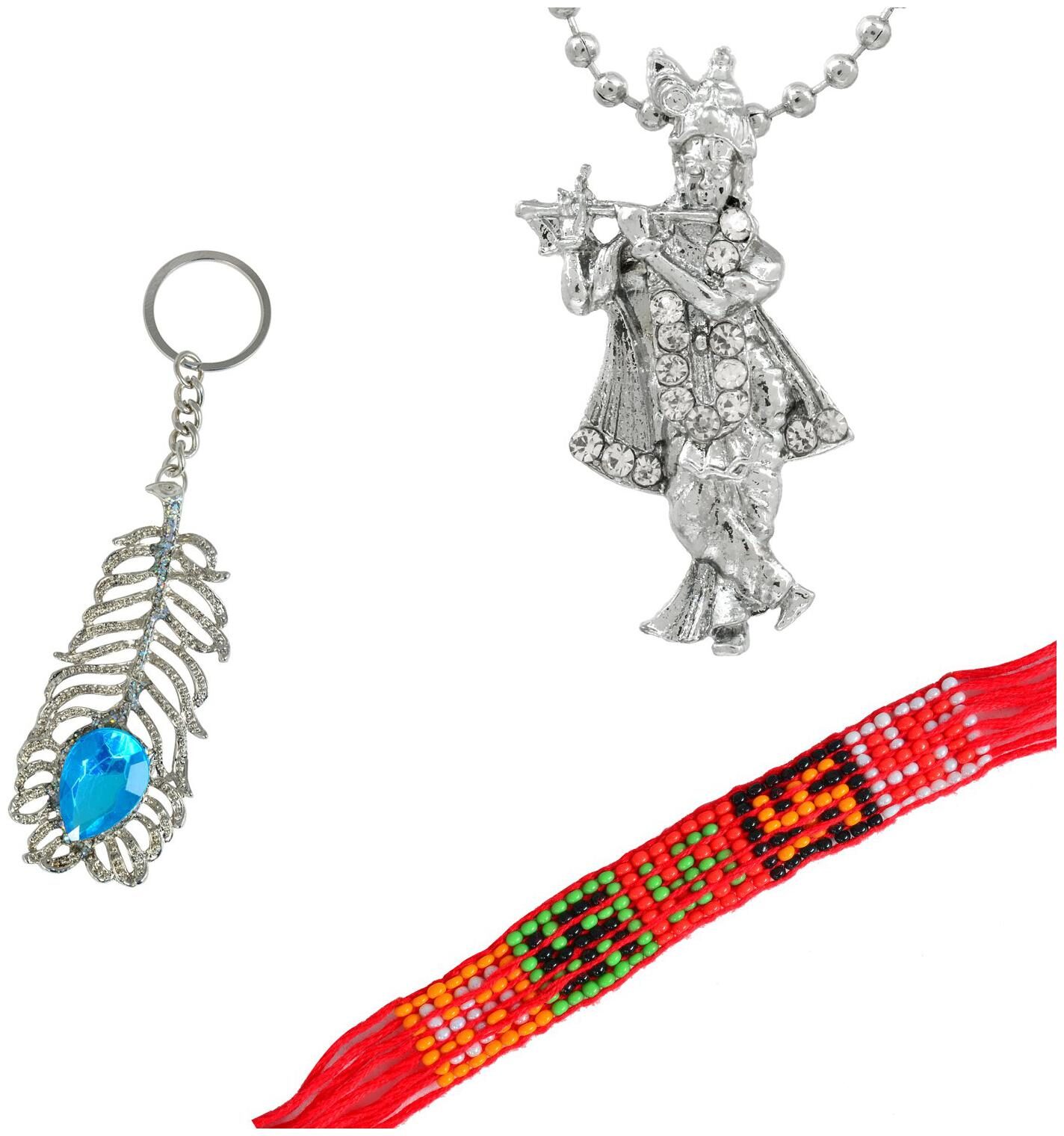 

Memoir Silver Plated Krishna Pendant OMG Keychain and red swastik mouli Kaleva God Pendant Jewellery Combo