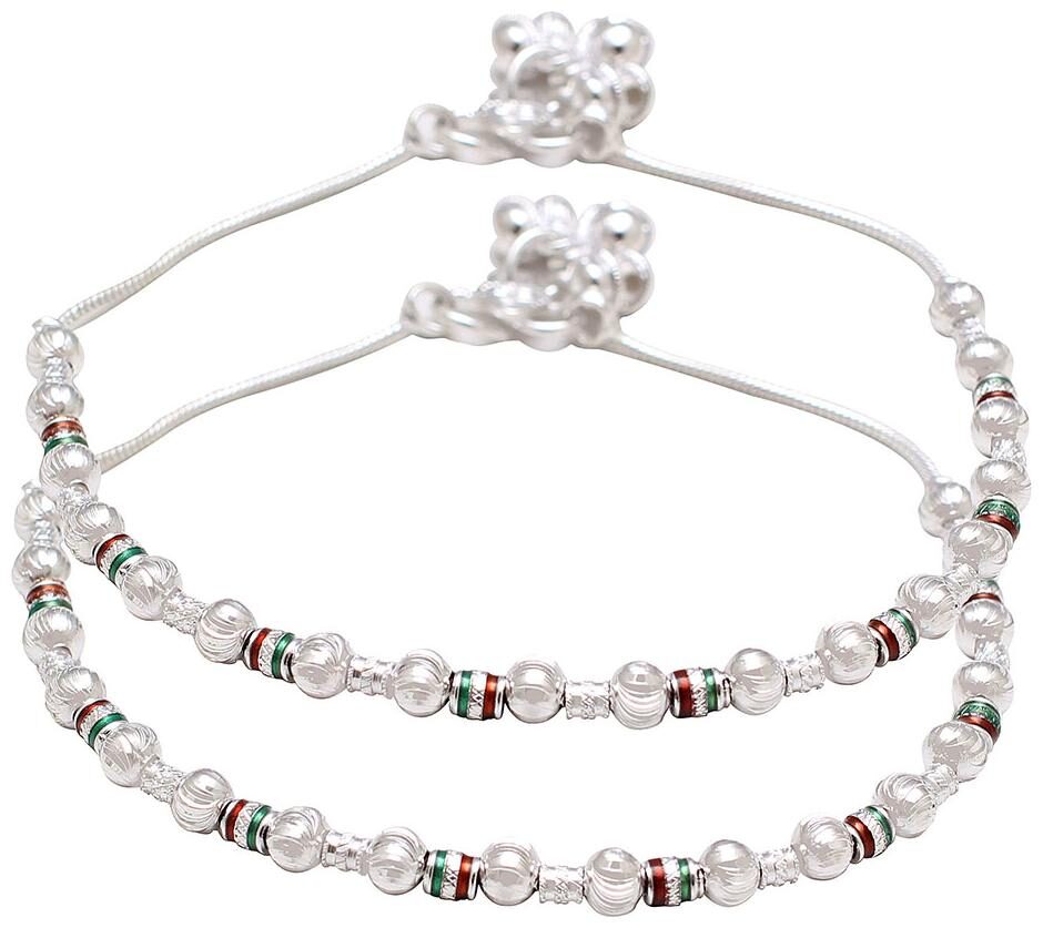 

Memoir Silver Plated Meenakari and Carved Balls Single Strand Ethnic Fashion Anklet payal pajeb Jewellery for Women
