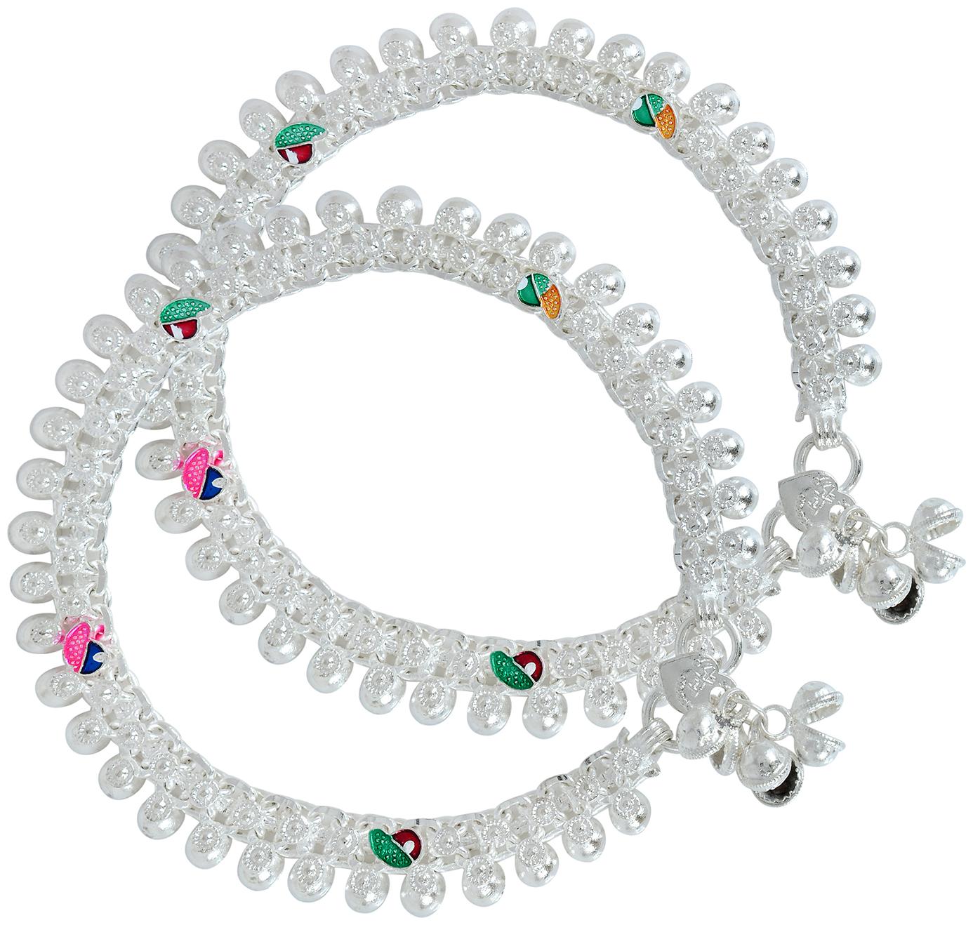 

Memoir Silver Plated Handcrafted Flat and Broad Meenakari Traditional Ethnic Anklet Jewellery for Women
