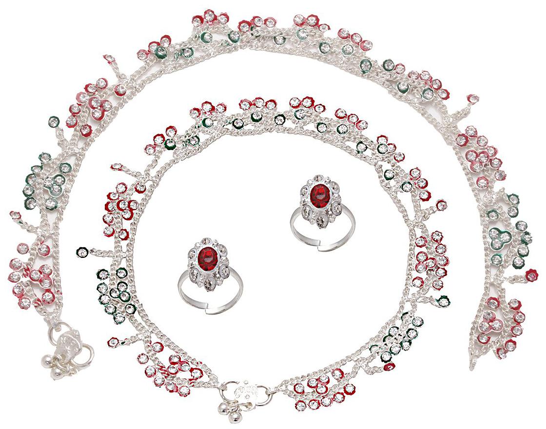 

Memoir Silver Plated Colorful Kundan Meena Anklet red Toering Combo Set