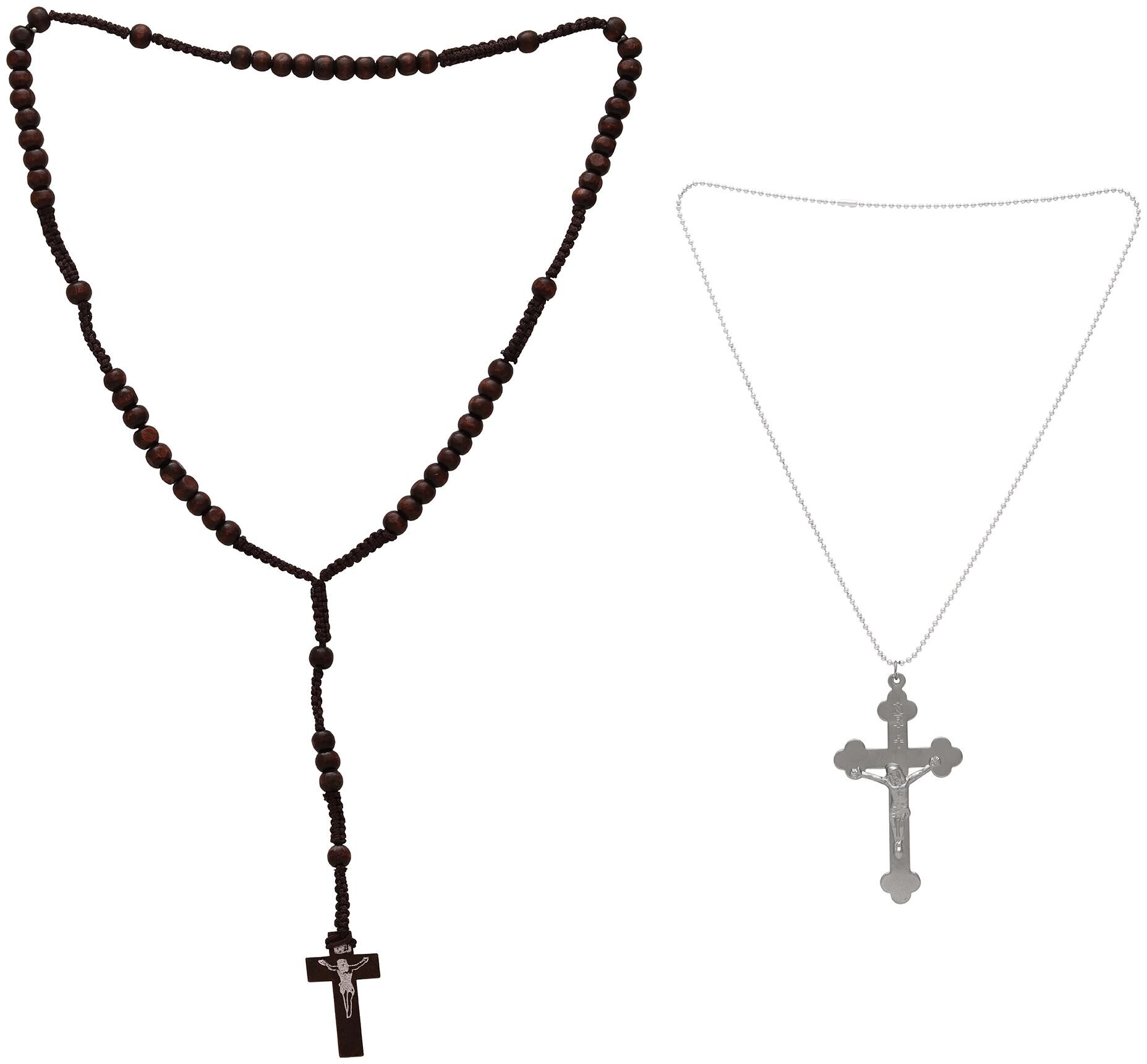 

Memoir Stainless Steel Jesus Christ Crucifix and Brown Wooden Rosary Bead Mala Combo Jewellery