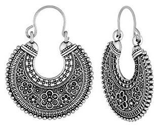 

Memoir Victorian Antique Finish Flower Pattern High Fashion Hoop Bali Earrings For Girls And Women